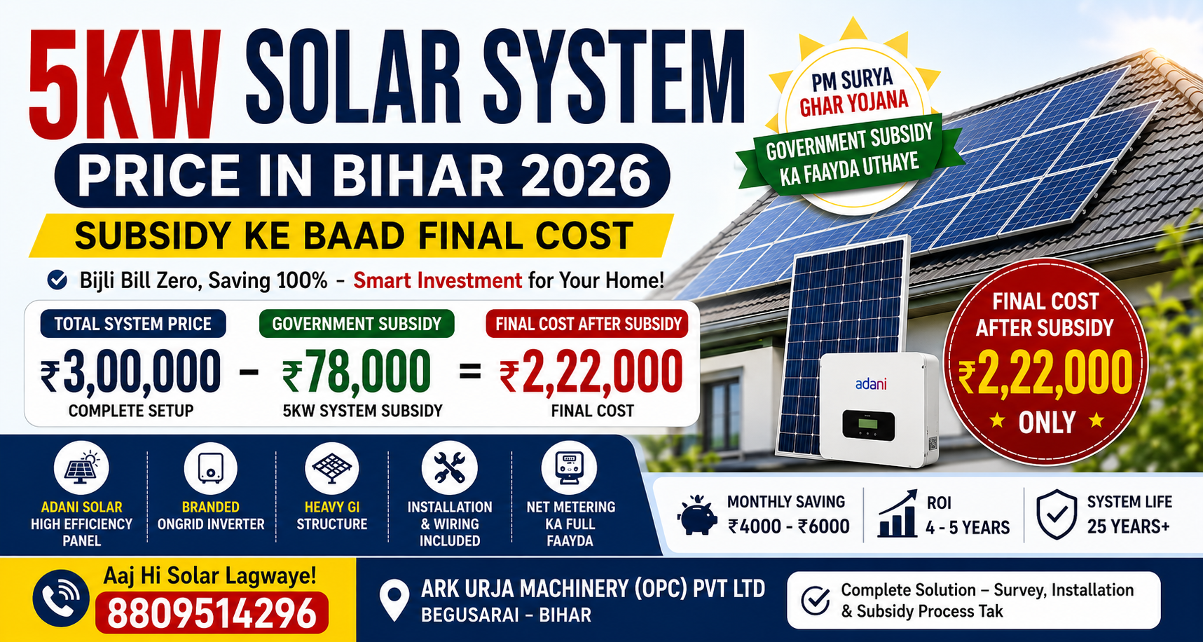 5KW Solar System Price in Bihar 2026 | Subsidy ke baad Final Cost, EMI & ROI Guide