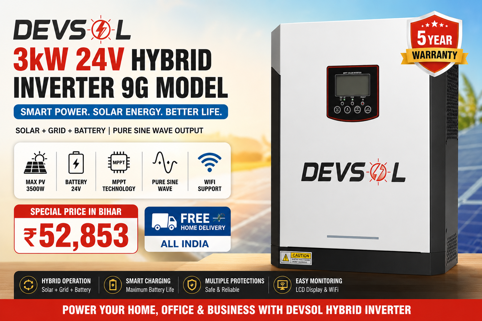 Devsol 3kW 24V Hybrid Inverter 9G Price in Bihar – 5 Year Warranty & Free Home Delivery